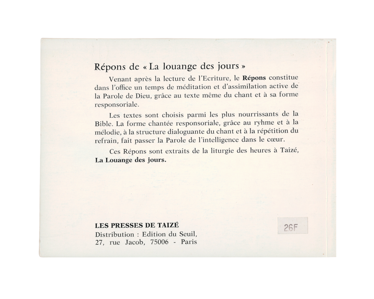 répons de l'office de taizé: la louange des jours